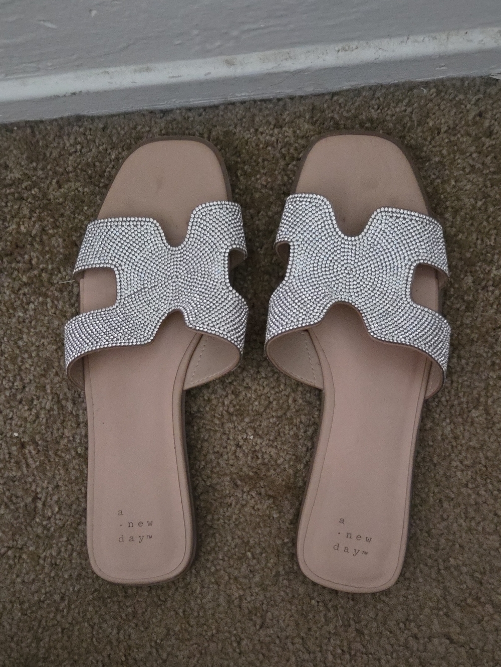 a new day Nude Slide Sandals with Silver Crystal Straps